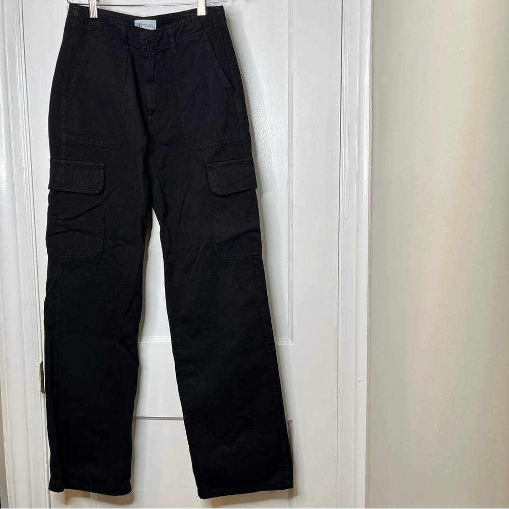 NWT Zara Women High Rise Straight Cargo Trousers Pants Black Size 4